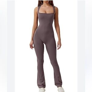 QINSEN Jumpsuit Sleeveless  Square Neck Stretch Flare Leggings Romper Inseam 30